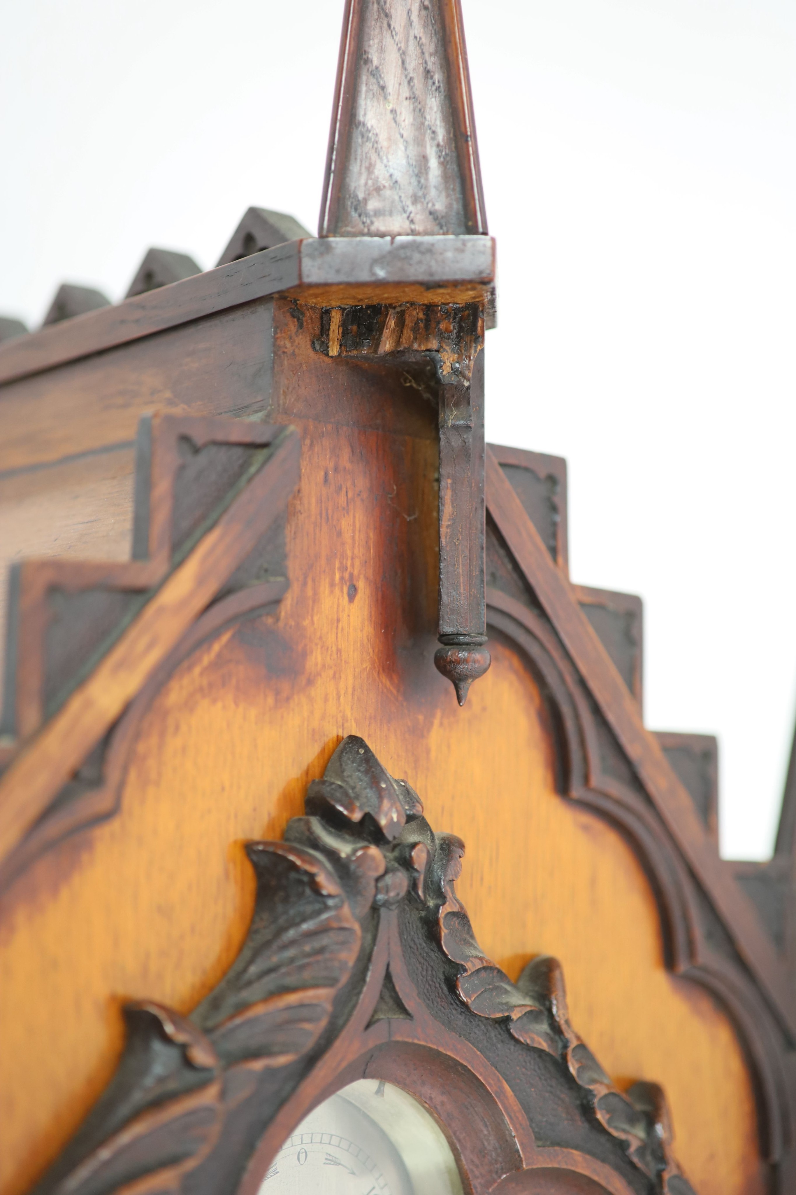 A Victorian golden oak Gothic design chiming bracket clock by Gillett & Bland, Steam Clock Factory, Croyden H 74cm. W 48cm. D 31cm.